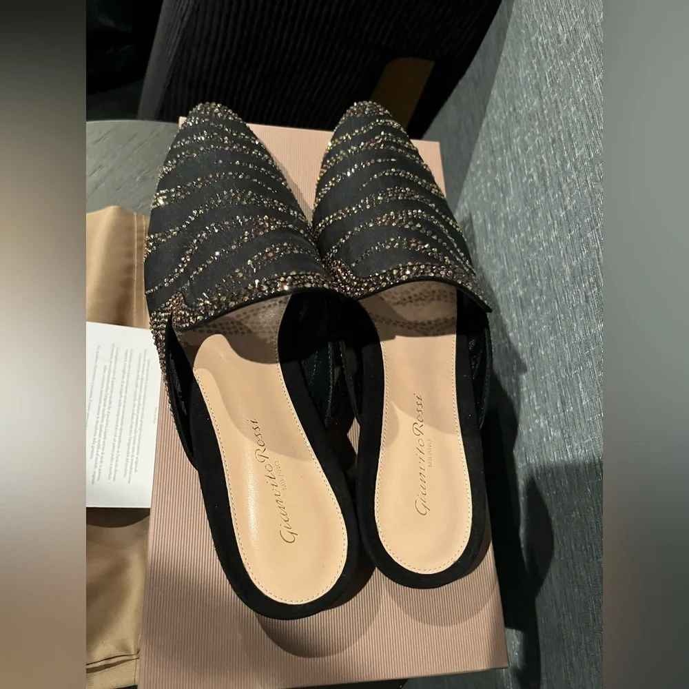 NIB GIANVITO ROSSI Raja Crystal Slide Shoe Shoes Black 8.5